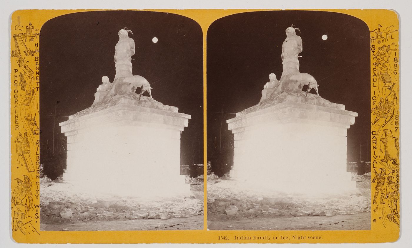 Stereoview of an illuminated ice sculpture at the Saint Paul Ice Carnival representing two Indigenous persons and animal on a base, Saint Paul, Minnesota, United States