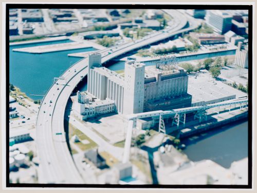 Aerial view of the Bonaventure Expressway and the Five Roses Flour Mill, Montréal, Québec