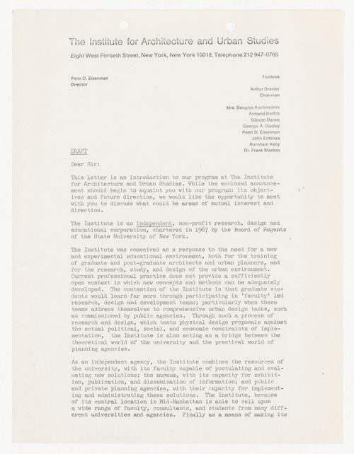 Draft letter for requesting donations including a brief overview of IAUS history and projects written by Peter D. Eisenman