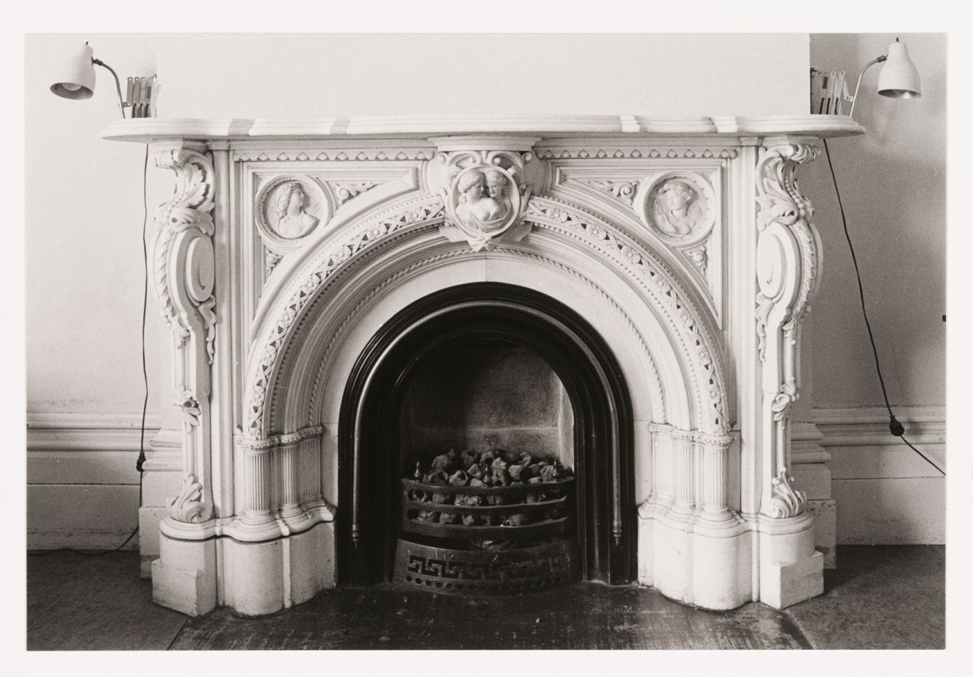 Interior view of the marble fireplace in a front room in the west part of Shaughnessy House, Montréal, Québec, Canada