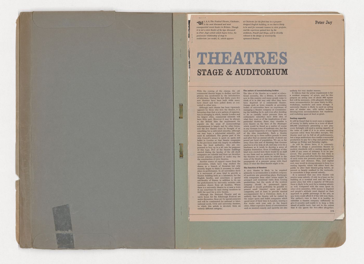 Folder with names, addresses, and phone numbers of people and companies involved with the Fun Palace Project and a copy of the article "Theatres, stage & auditorium" by Peter Jay