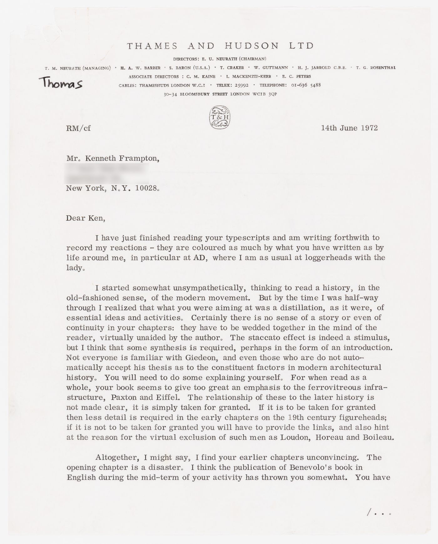 Letter from Robin Middleton to Kenneth Frampton with comments about "Modern Architecture: A Critical History"