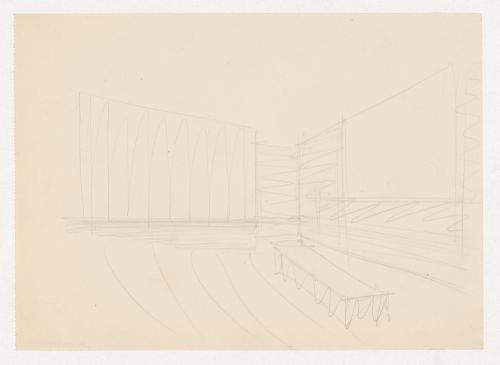 Interior perspective sketch for an auditorium, showing lectern and screen, for the Metallurgy Building, Illinois Institute of Technology, Chicago
