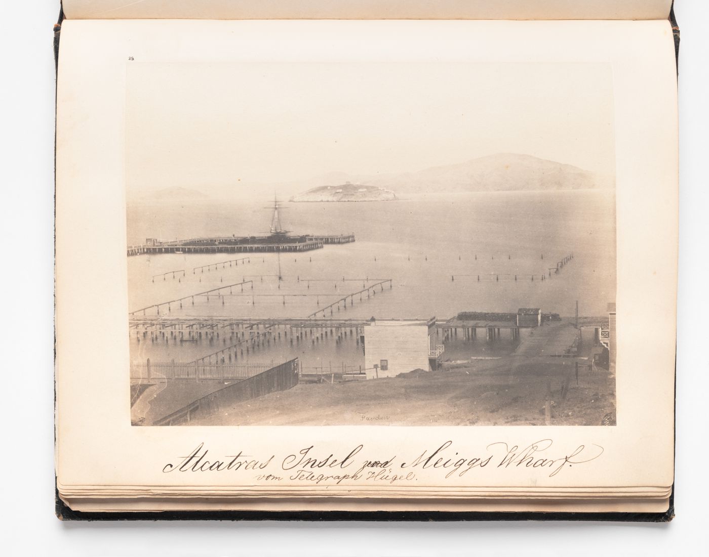 View of Alcatraz Island and Fort Alcatraz under construction from near Dupont Street (later Grant Street), San Francisco