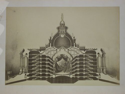 Photograph of a sectional perspective drawing of the Théatre de la Seine, Paris, France
