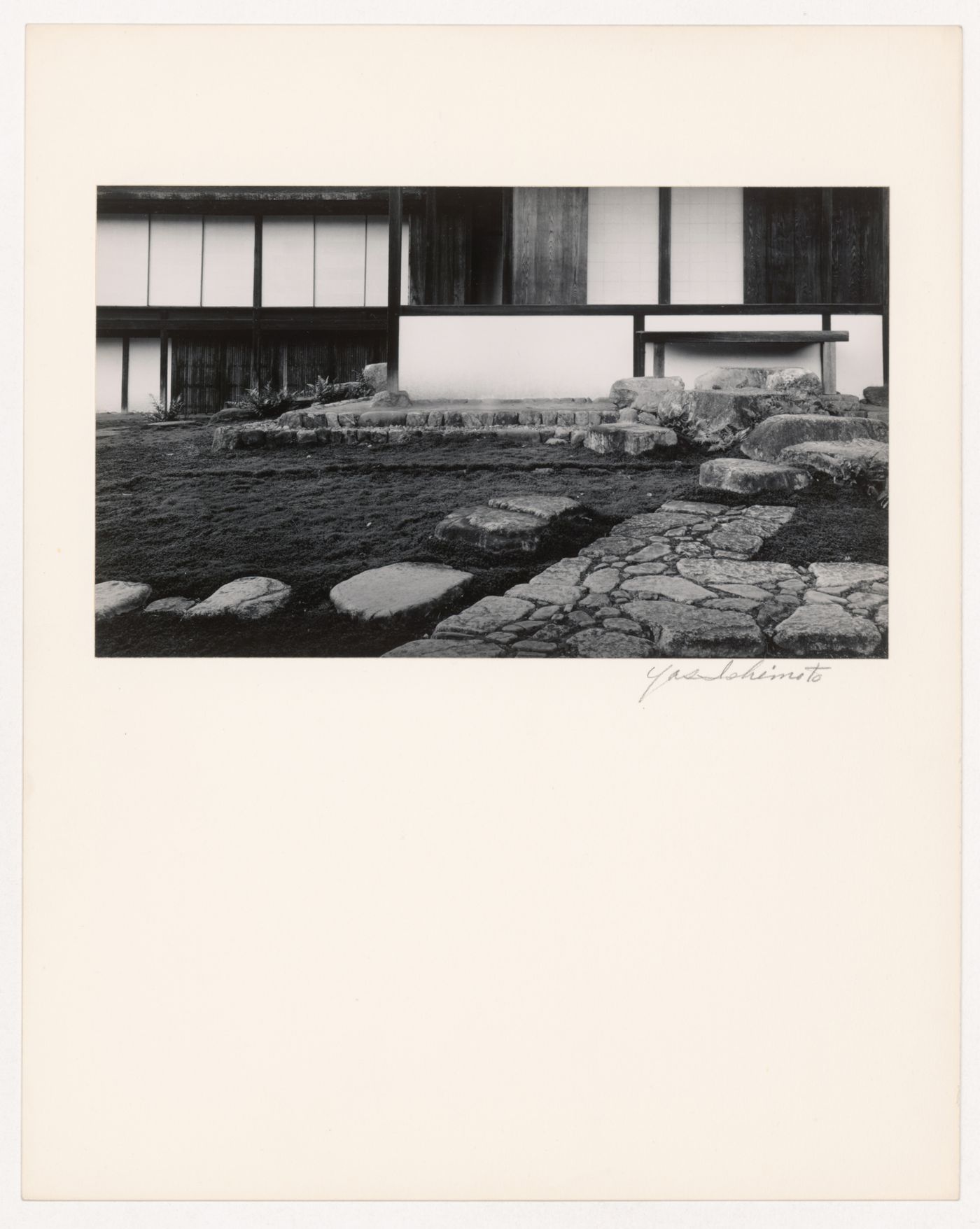 Partial view of the southeast side of the Old Shoin showing a wooden step, paving stones and stepping-stones, Katsura Rikyu (also known as Katsura Imperial Villa), Kyoto, Japan