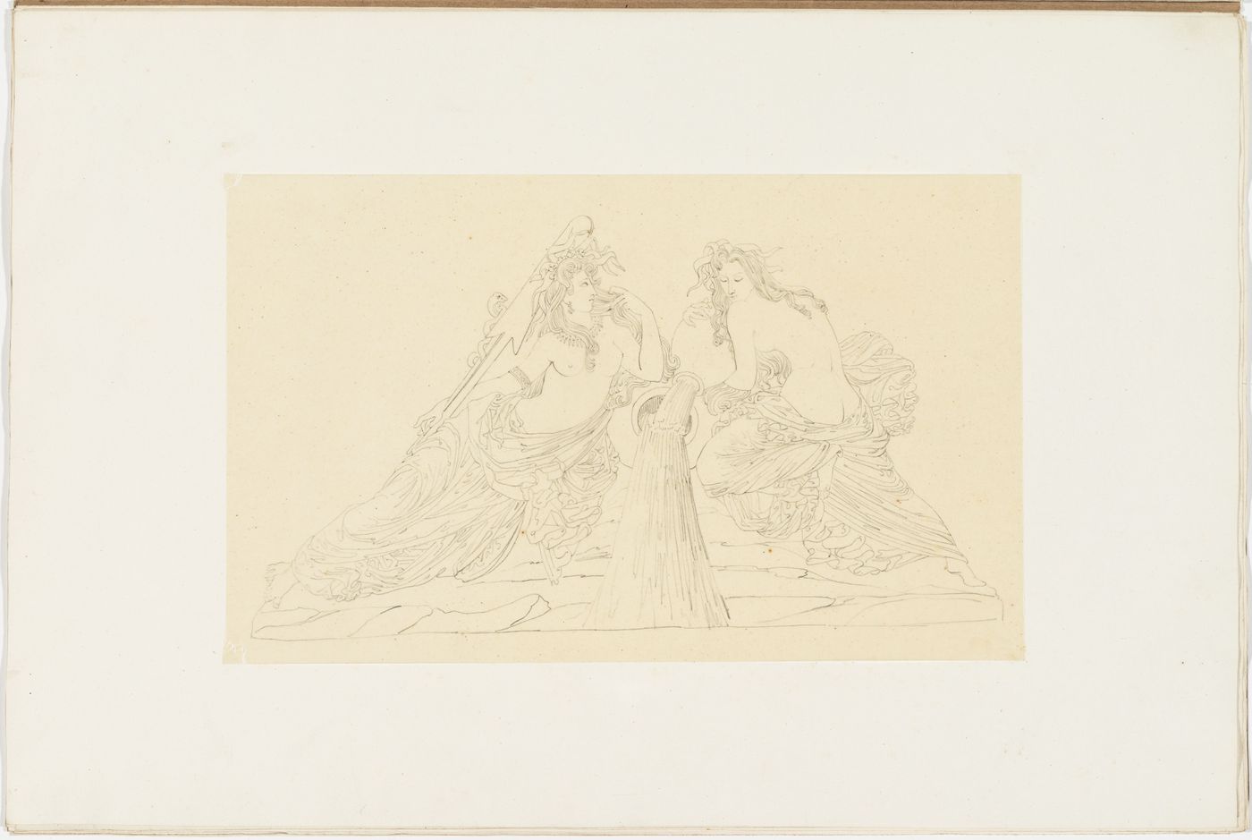 Drawing of a nineteenth century fountain flanked by two partially draped female statues