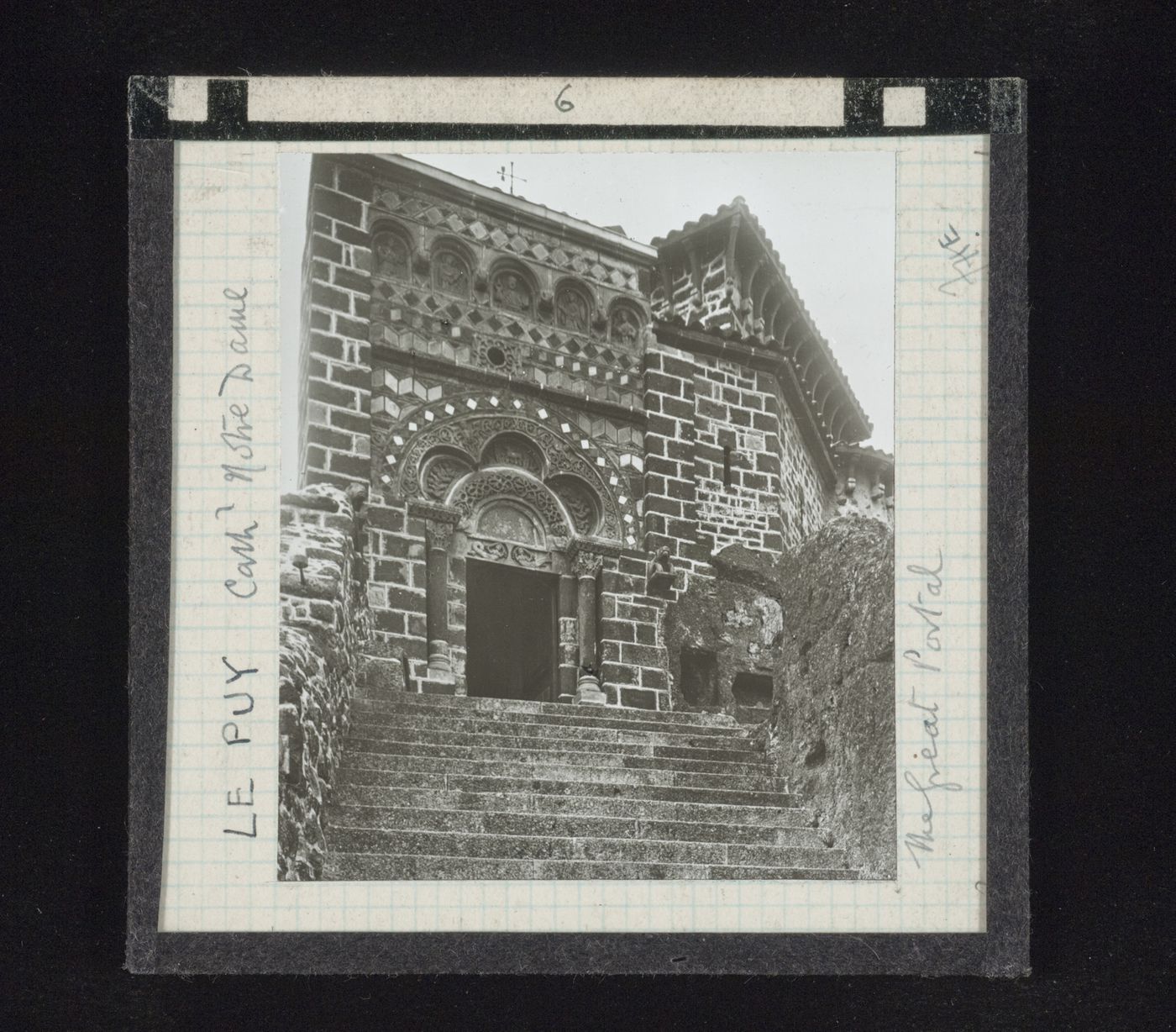 View of stairs and portal from low vantage point, Cathédrale Notre-Dame, Le Puy, Haute-Loire, France