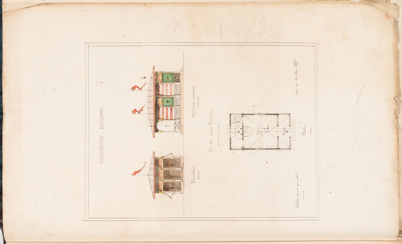 Hippodrome national, Paris: Elevations and plan for a pavilion