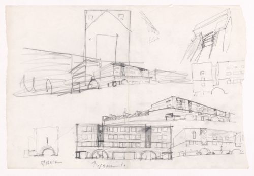 Sketch elevations, axonometric views, and perspectives for Plano de Doedijnstraat, The Hague, Netherlands