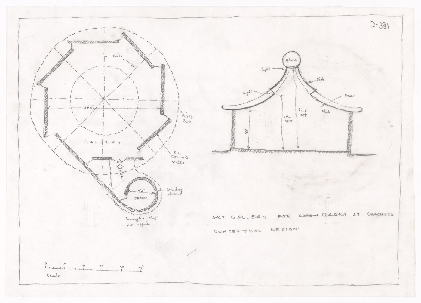 Plan and section for Art gallery for Sohan Qadri, Chachoke, India