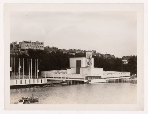 View of the Pavillon de l'Hygiène with the Seine in the foreground, 1937 Exposition internationale, Paris, France