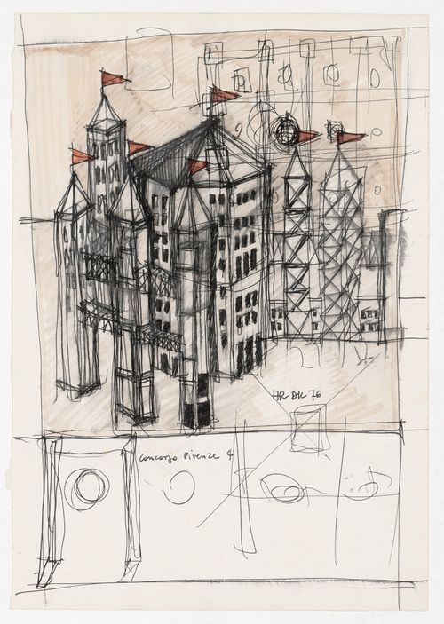 Perspective sketch and sketch plans for Centro Direzionale, Florence