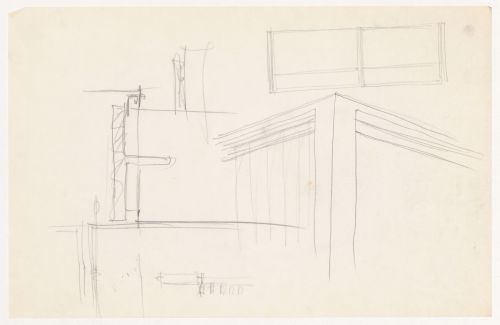 Perspective sketch showing window mullions, cornice and column connection at corner, partial sketch elevations for window mullions, and sketch cross section, probably for window mullions for Metallurgy Building, Illinois Institute of Technology, Chicago