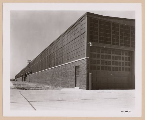 View of the south and east façades of the Press Shop [?], Chrysler Corporation Jet Engine Plant (now the Daimler Chrysler-Warren Truck Plant), Mound and 9 Mile Roads, Sterling Heights, Michigan