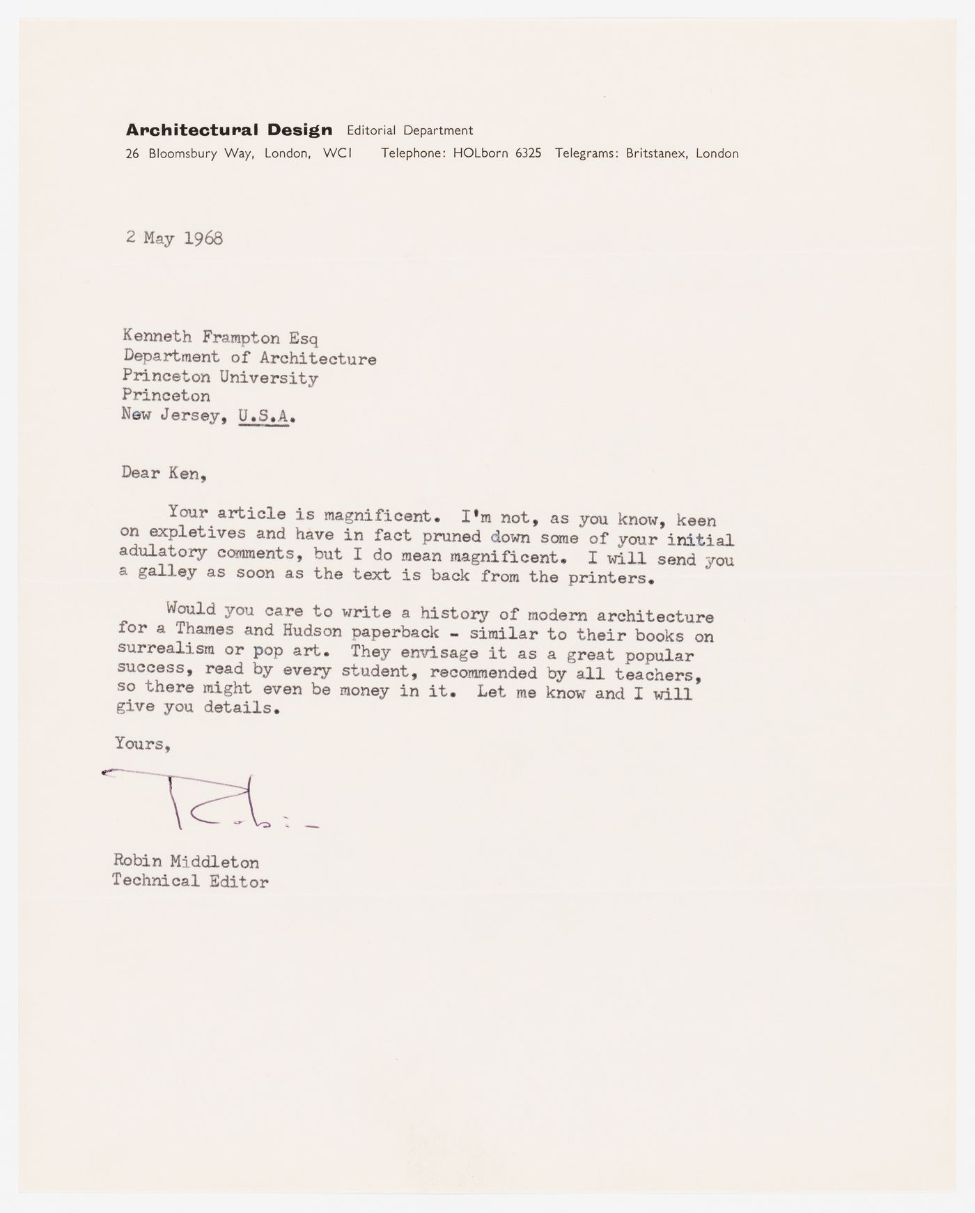 Letter from Robin Middleton to Kenneth Frampton about writing a history of modern architecture