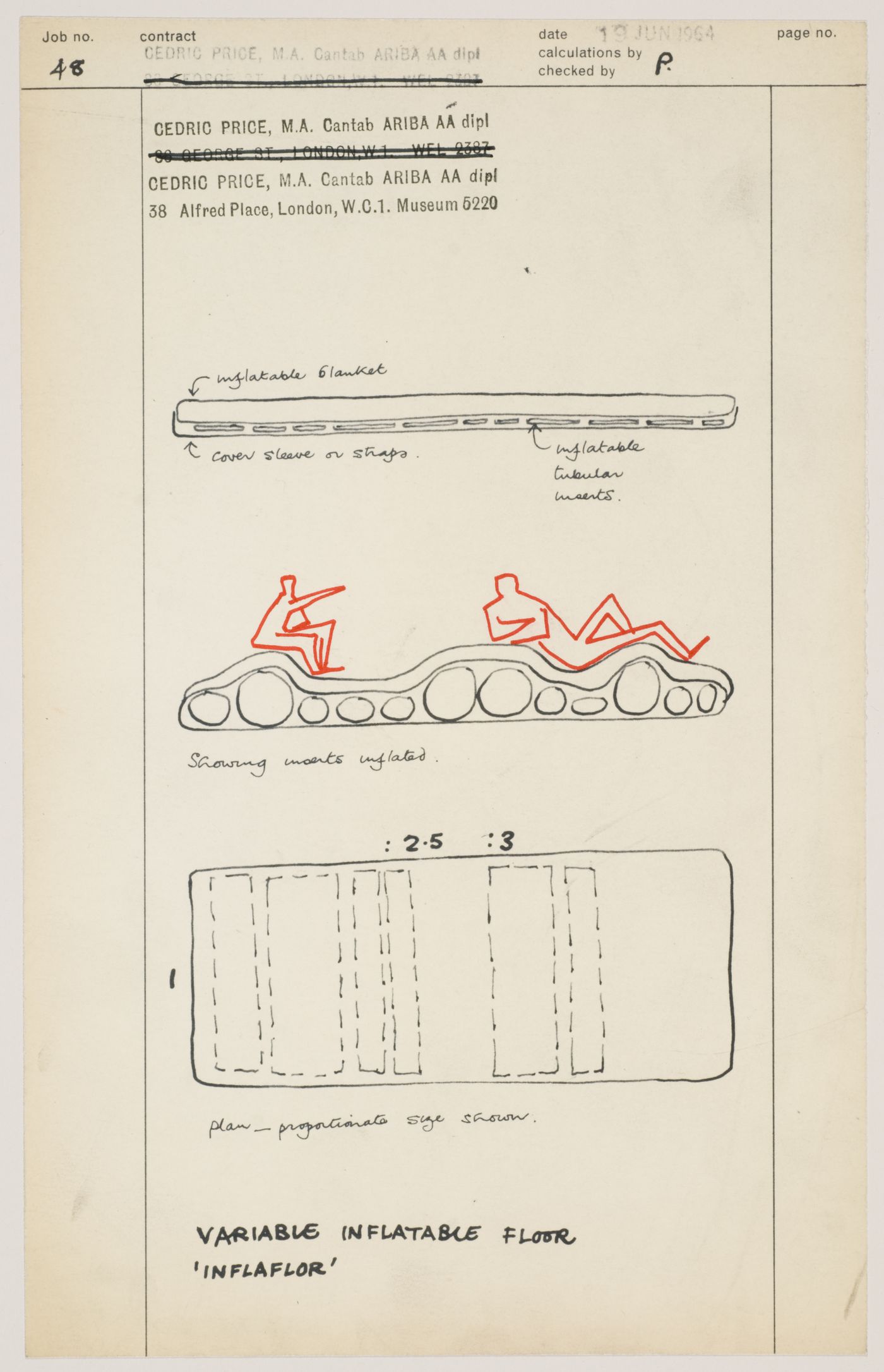 "Variable Inflatable Floor, 'Inflafloor'": Plan, elevation and section