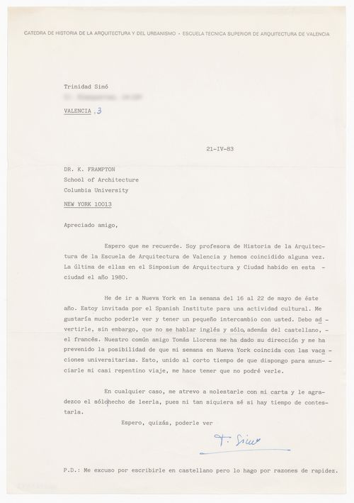 Letter from Trinidad Simó to Kenneth Frampton