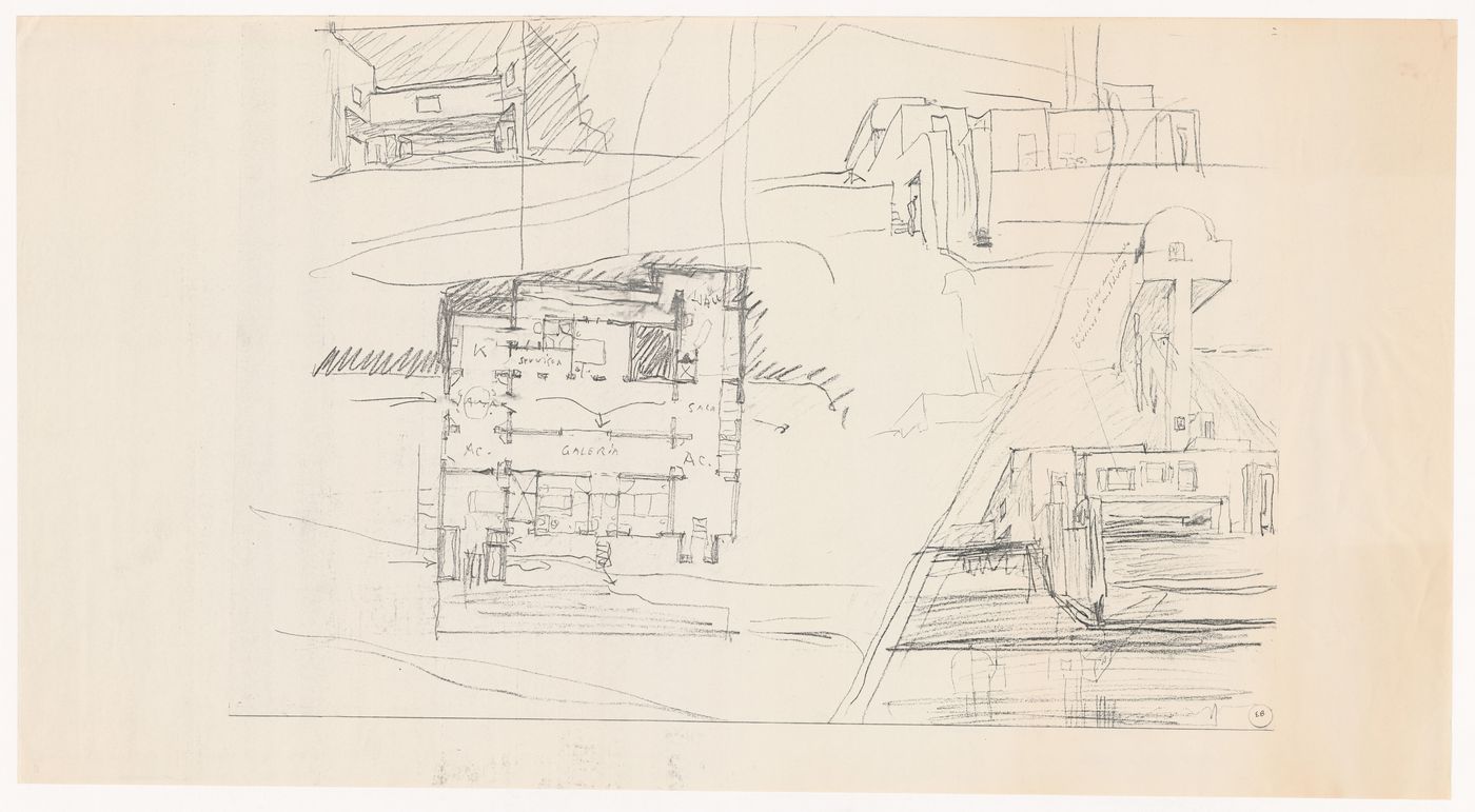 Sketch plan and perspectives for Casa Mário Bahia [Mário Bahia house], Gondomar, Portugal