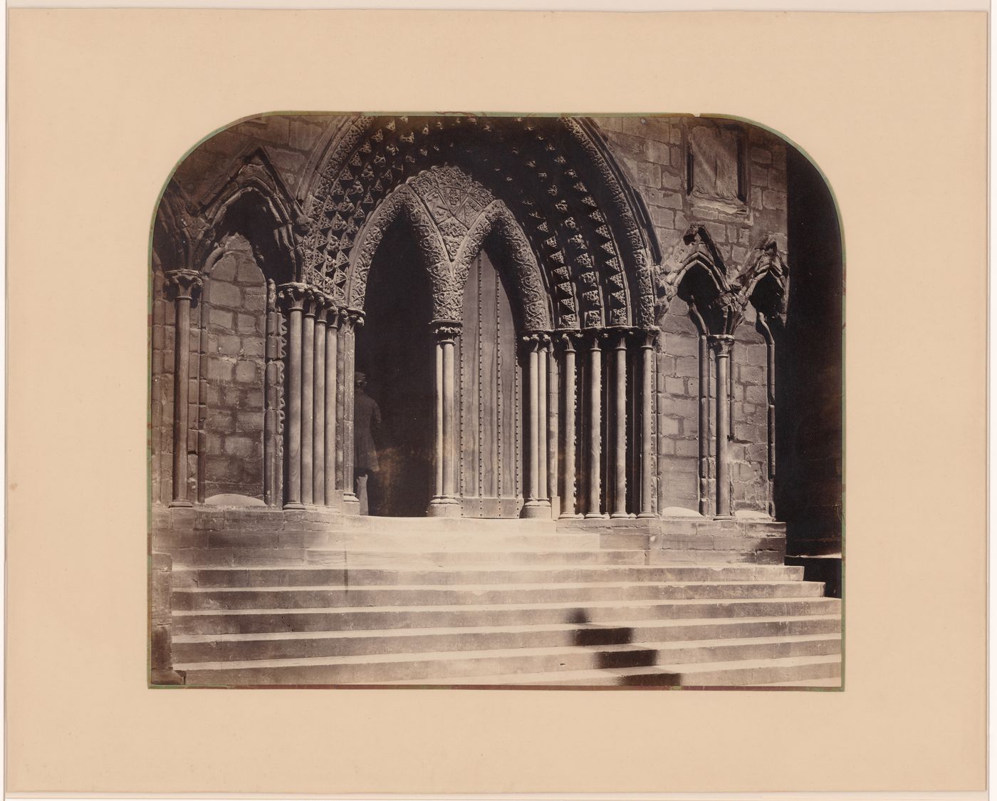 View of south transept portal and steps, with a figure in the doorway, Lichfield Cathedral, Lichfield, England