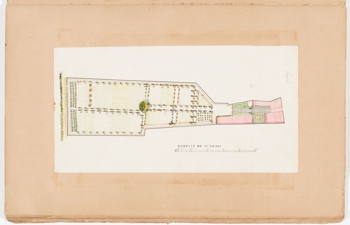 Elevation, site plan showing the ground floor, and plans for the "caves" and first floor for a country house and garden; verso: Plan of a country house garden