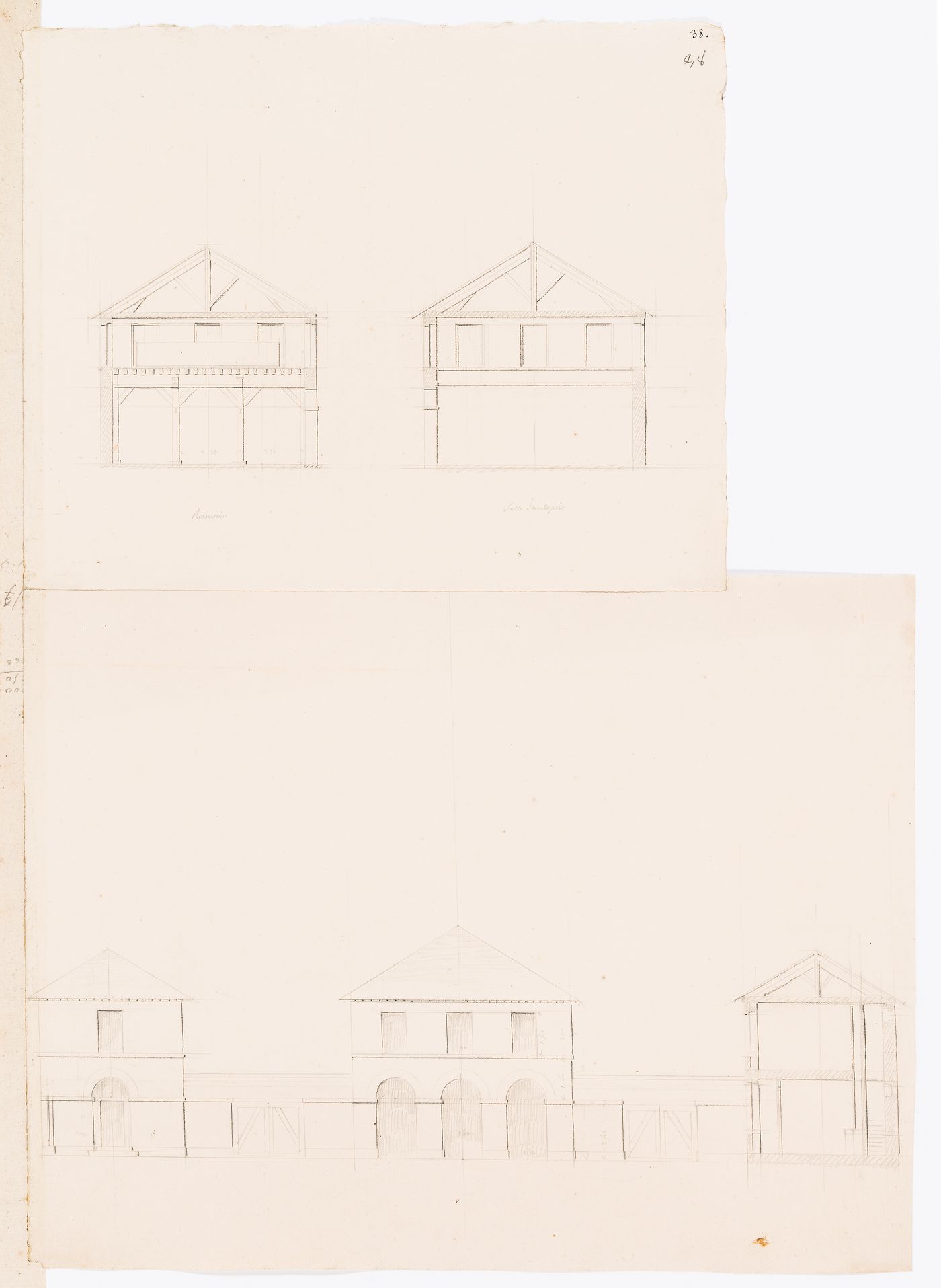 Project for a horse slaughterhouse, Plaine de Grenelle: Elevations and cross section for three unidentified interconnected buildings