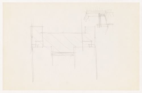 Perspective sketch showing window mullion and wall connection at corner and sketch sectional detail for the Metallurgy Building, Illinois Institute of Technology, Chicago
