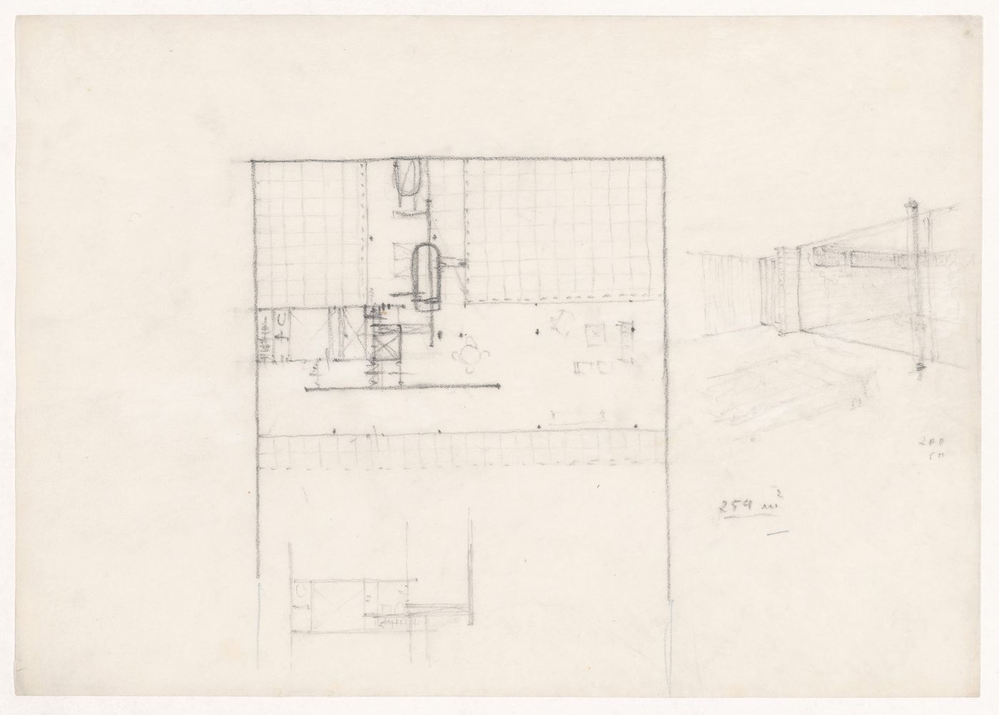 Plan, interior perspective sketch, and partial sketch plan for a Court House