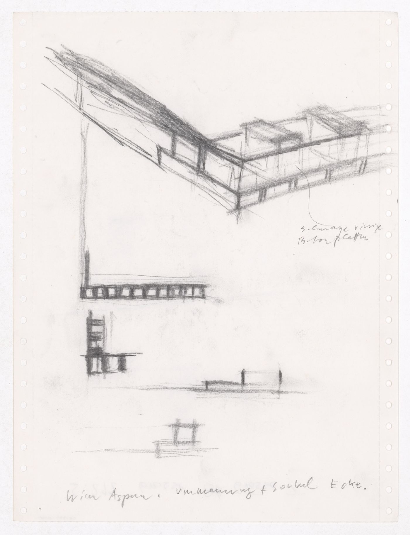 Housing Pilotengasse, Vienna-Aspern: Conceptual sketches, including siteplans, plans, elevations, and perspectives