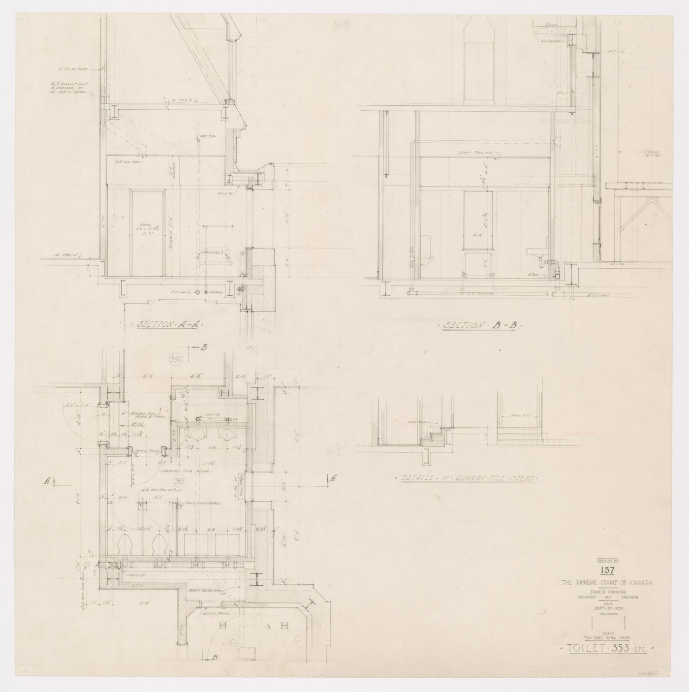 Plan des toilettes, Cour suprême du Canada, Ottawa, Ontario, Canada (1937-1953, 1977)