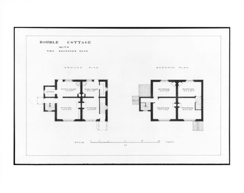 Ground and first floor plans for a Double Cottage, Estate of Charleville Castle, Tullamore, County Offaly, Ireland.