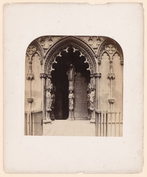 Detail of entrance and façade, probably central 1 portion of west porch, Lichfield, England