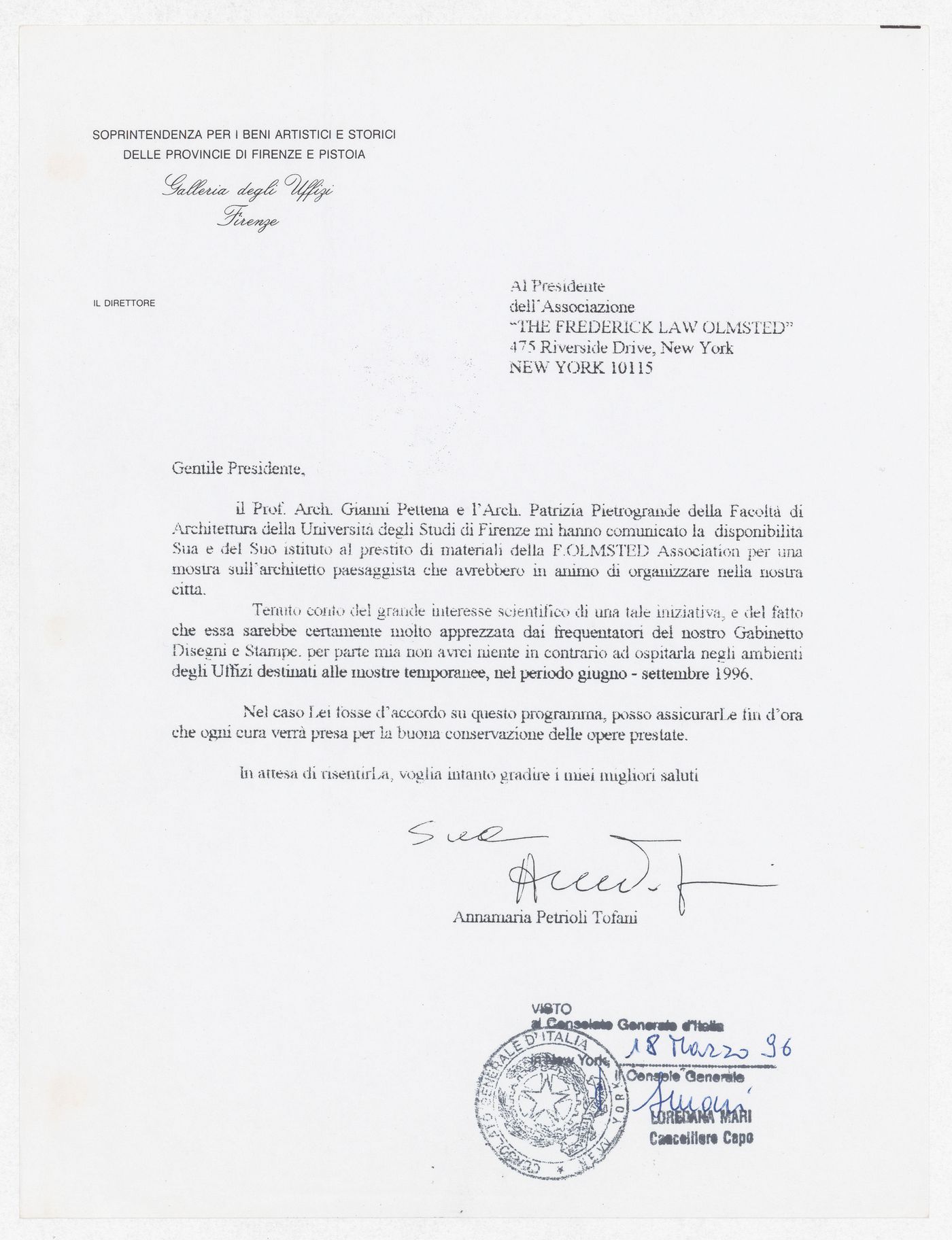 Correspondence from Annamaria Petroli Tofani to the President of the Frederick Law Olmsted Association for the exhibition Olmsted: L'origine del parco urbano e del parco naturale contemporaneo