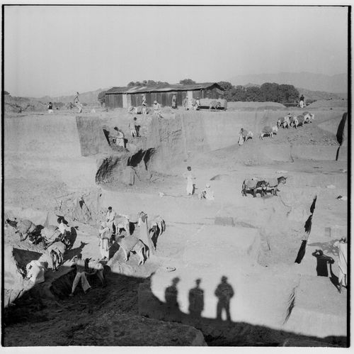 Excavation of the foundations for the High Court Building, Chandigarh, India (with shadows of Le Corbusier, Jeet Malhotra and Pierre Jeanneret in the foreground)