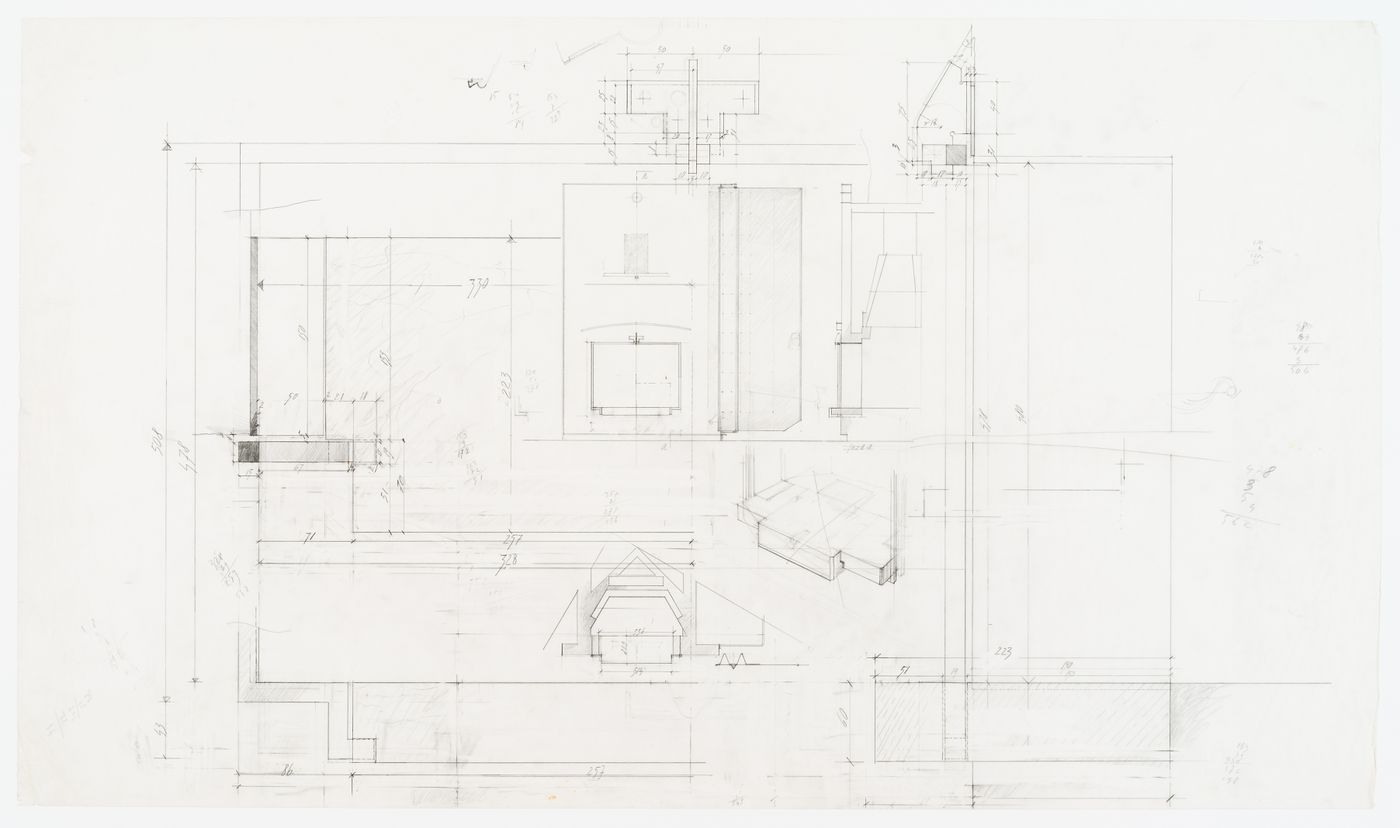 Plan, elevation, section and details of the chimney for Casa Frea, Milan, Italy
