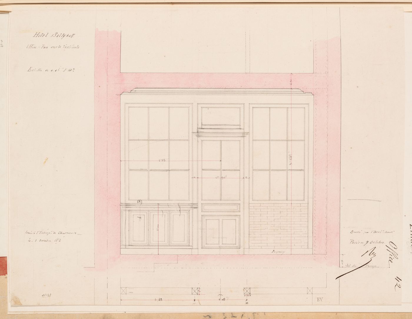 Section for the ground floor "office" showing the interior wall, Hôtel Soltykoff