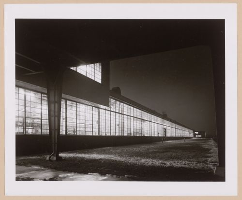 View of the north façade of the Assembly Building at night from below the skywalk, Ford Motor Company Lincoln-Mercury division Automobile Assembly Plant, Saint Louis, Missouri