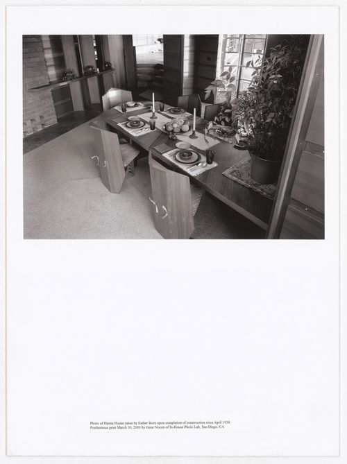 Interior view of the dining room showing a dining table, chairs, and place settings, the Hanna House, Palo Alto, California, United States