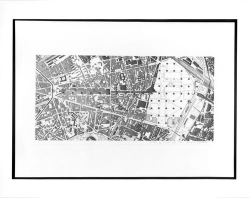 Project for a Garden, Parc de la Villette, Paris: Grid of follies superposed on the Parc de La Villette site and the Canal de La Villette