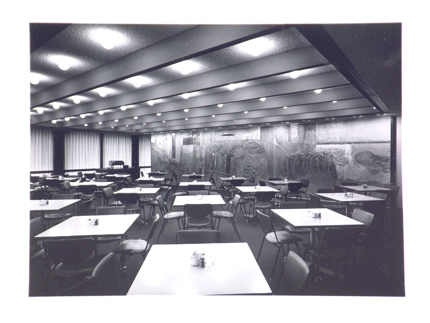 Interior view of the cafeteria area with tables and chairs, Hartford National Bank and Trust Company building, Hartford, Connecticut, United States