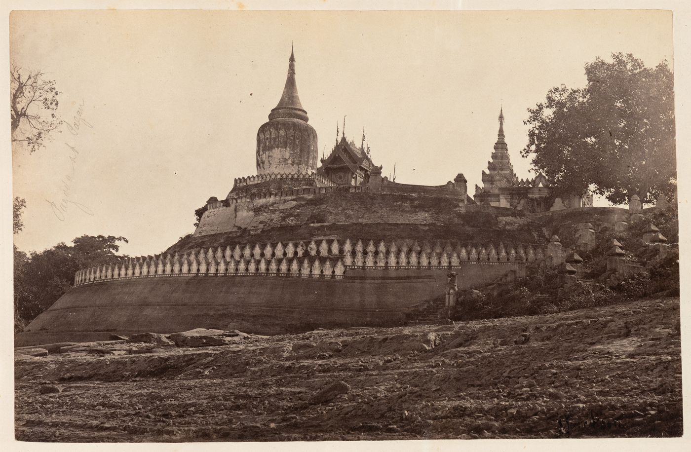 View of the Bupaya Temple showing walls and buildings, Pagan, Burma (now Myanmar)