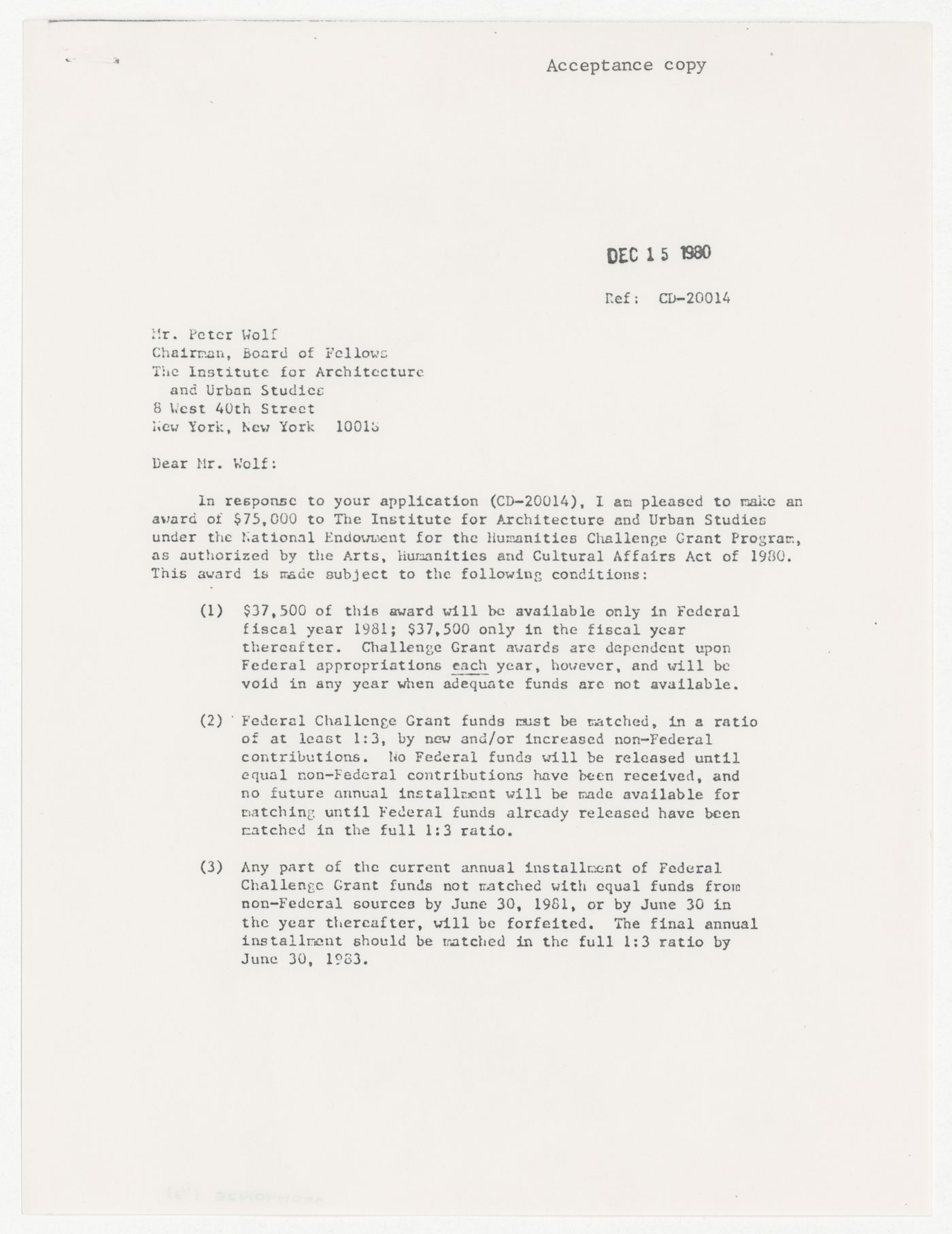 Letter from Joseph Duffey to Peter Wolf about IAUS receiving National Endowment for the Humanities (NEH) Challenge Grant