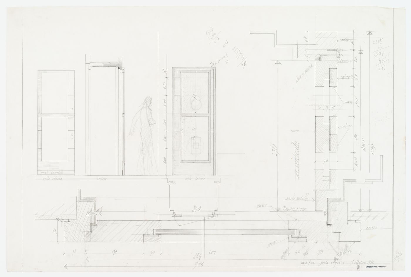 Elevation, section and plan of the entry door for Casa Frea, Milan, Italy