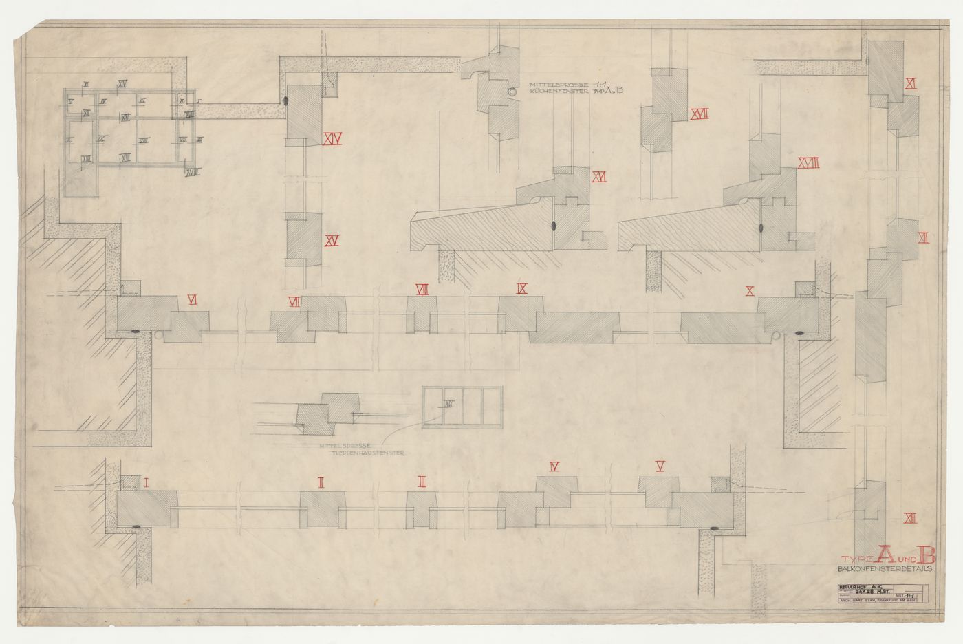 Plan and sectional details for windows for type A and type B housing units, Hellerhof Housing Estate, Frankfurt am Main, Germany