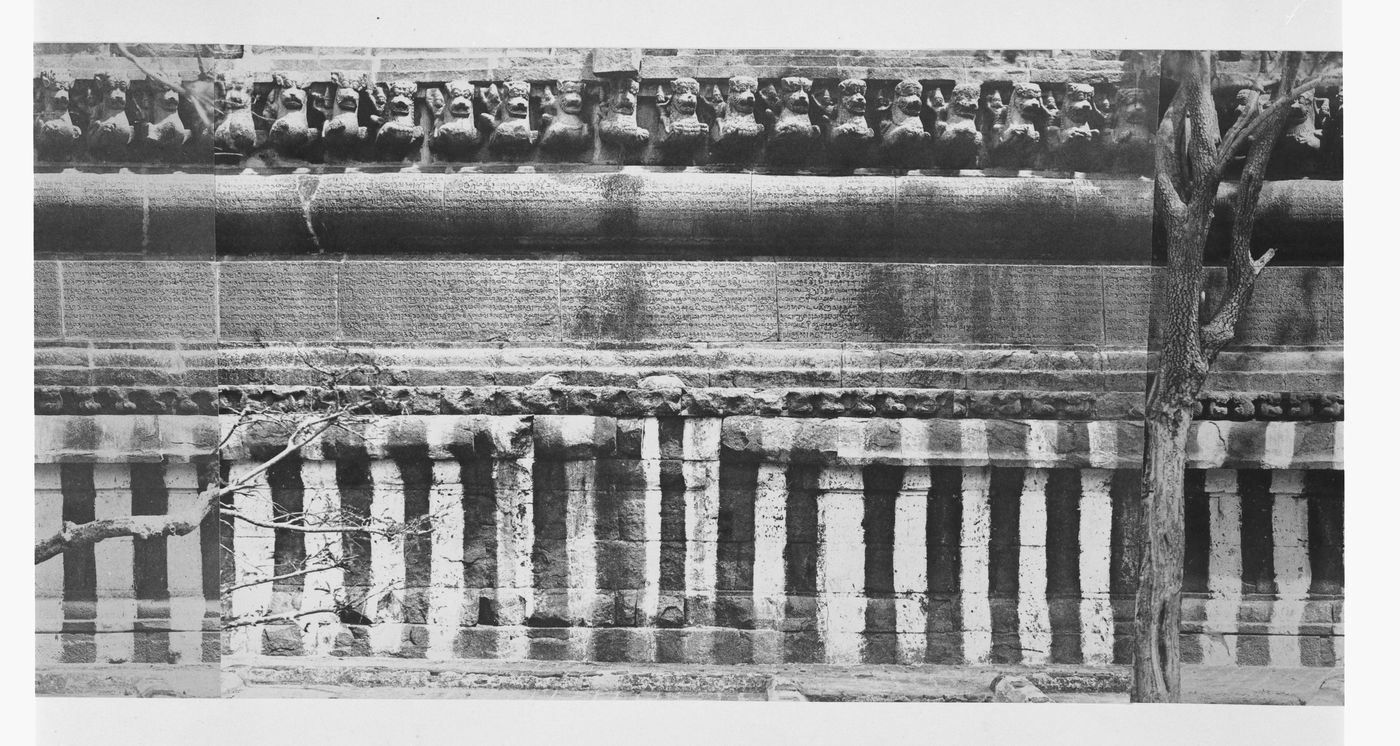 Partial view of the inscription panel at the base of the bimanum [sanctuary], Pirakatisvarar Tirukkoyil (also known as the Brihadisvara or Rajarajesvara Temple), Tanjore (now Thanjuvar), India