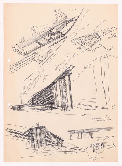 Sketch perspectives and axonometric views with annotations for Habitações Colectivas da Sacor, Matosinhos, Portugal