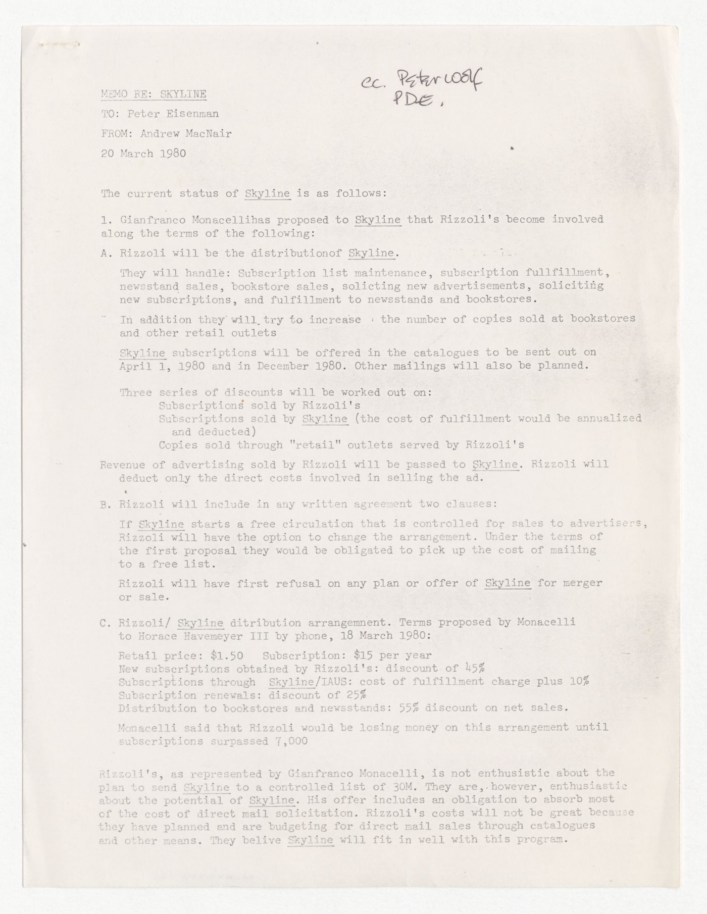 Memorandum from Andrew MacNair to Peter D. Eisenman about current status of Skyline