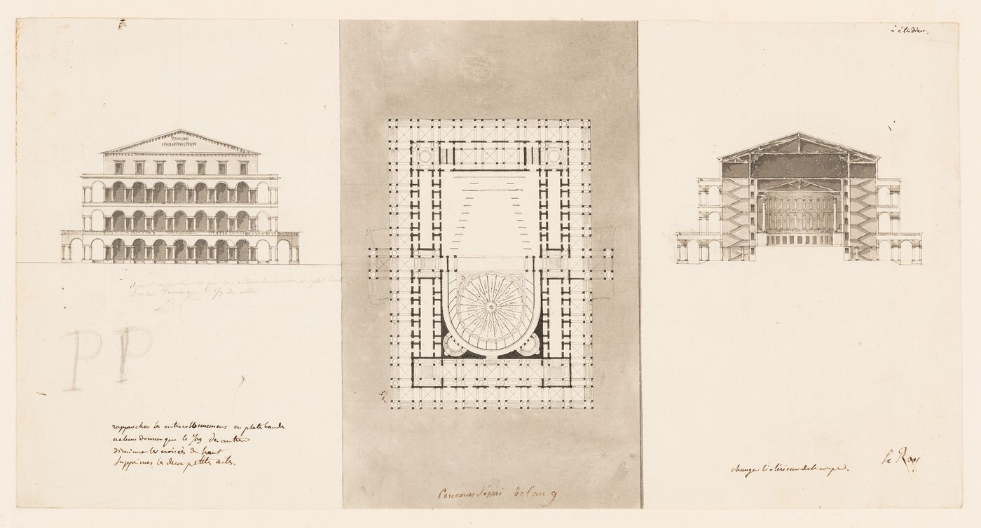 1800 Grand Prix Competition: Esquisse showing plan, elevations, and section for an École nationale des beaux-arts; verso: 1801 Concours d'essai: Plan, elevation, and section for a theatre