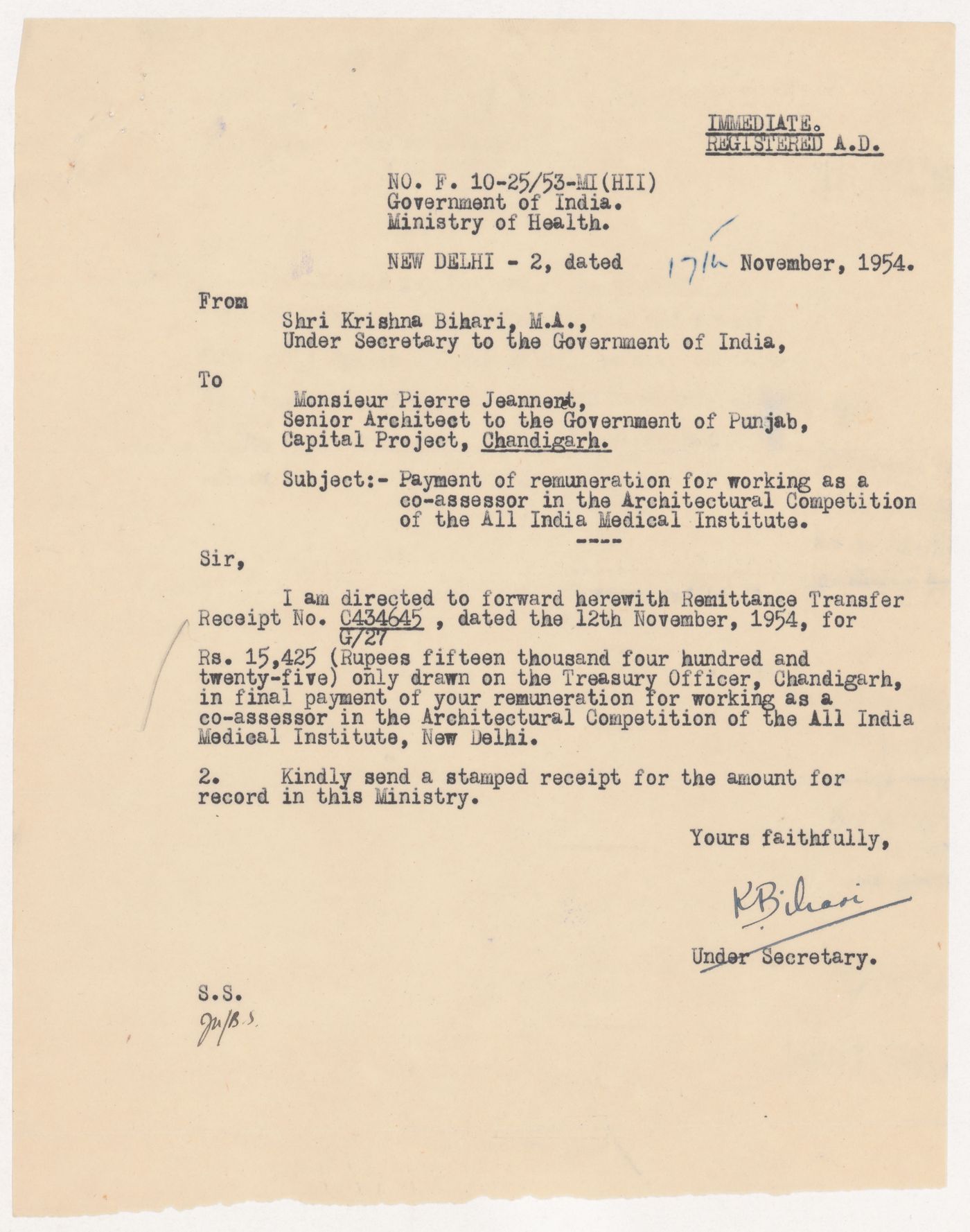 Letter from Krishna Bihari to Pierre Jeanneret