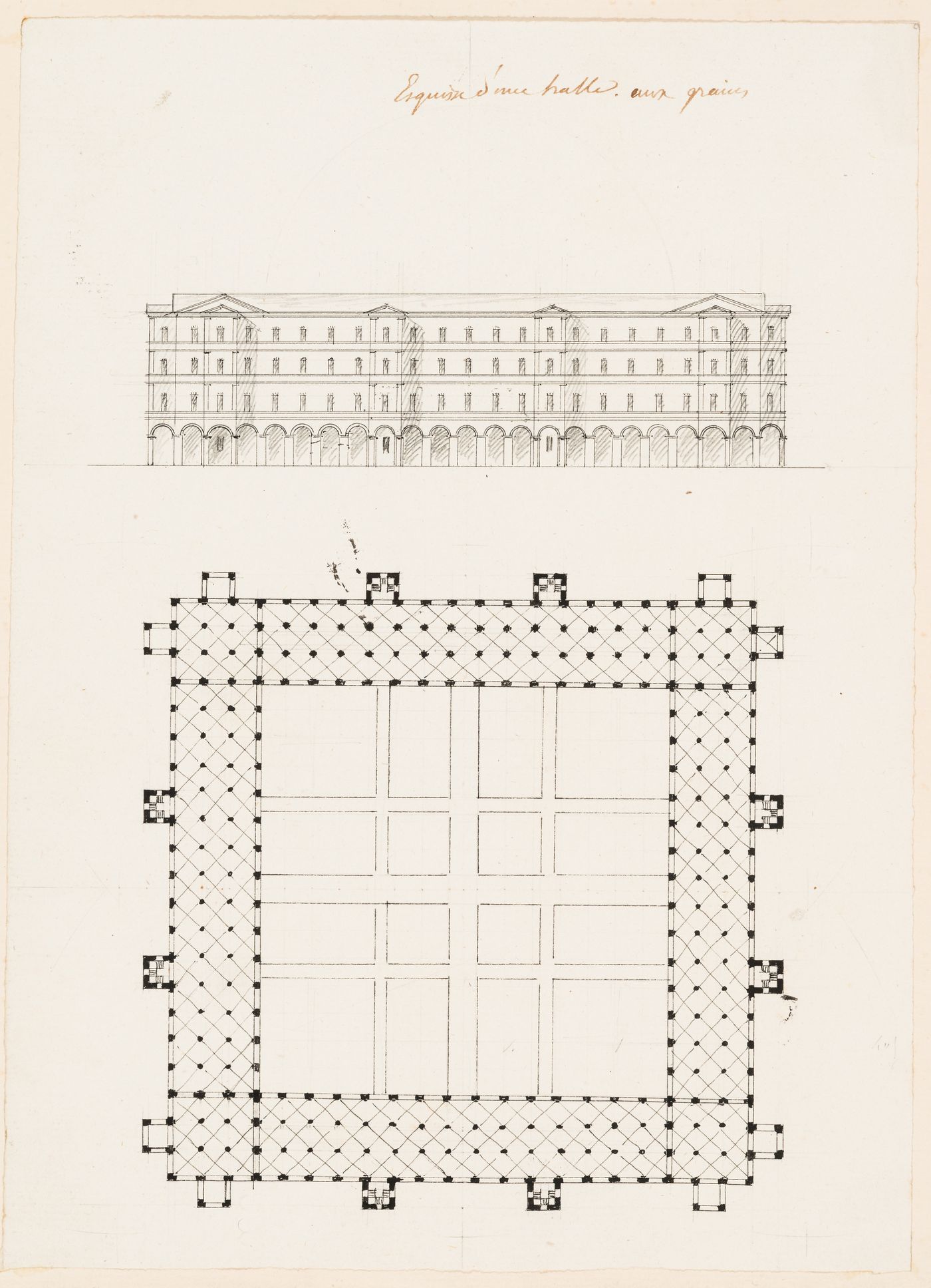 Plan and elevation for a tobacco factory; Plan and elevation for an inn stable; Esquisse showing an elevation and plan for a halle aux grains
